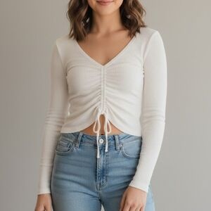 Hollister | Cream Ruched V-Neck Long Sleeve Top | Size Small